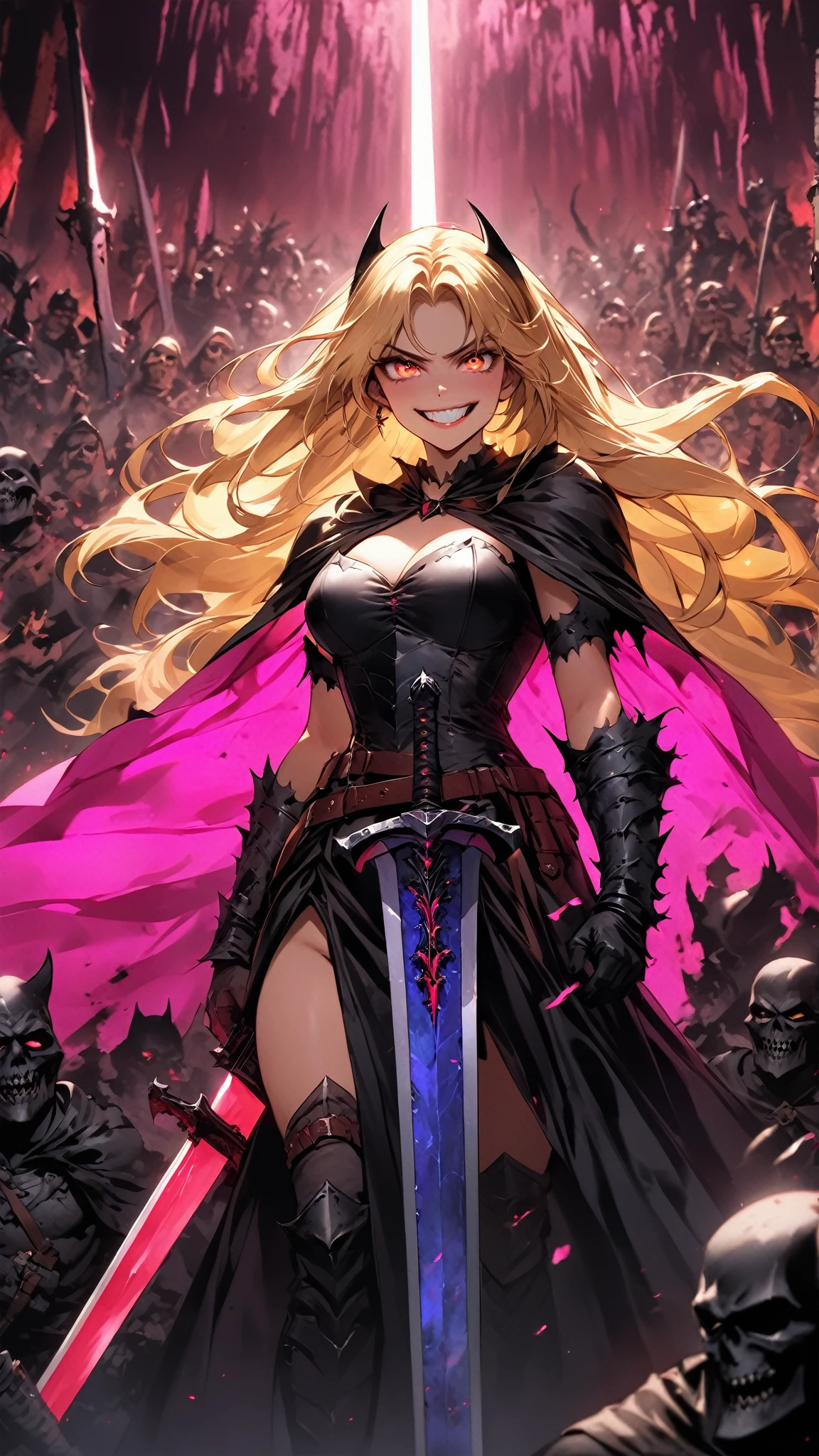 (1girl, Buffy The Vampire Slayer ( Sarah Michelle Gellar)), (extremely detailed CG unit 8k wallpaper),(master part), (best quality), (ultra detail), (best illustration),(wanostyle), cowboy shot, (Sharp eyeliner, ombre, detail eyes), dark dungeon interiors background, ,break , (vamptech), woman,gothic, blonde,