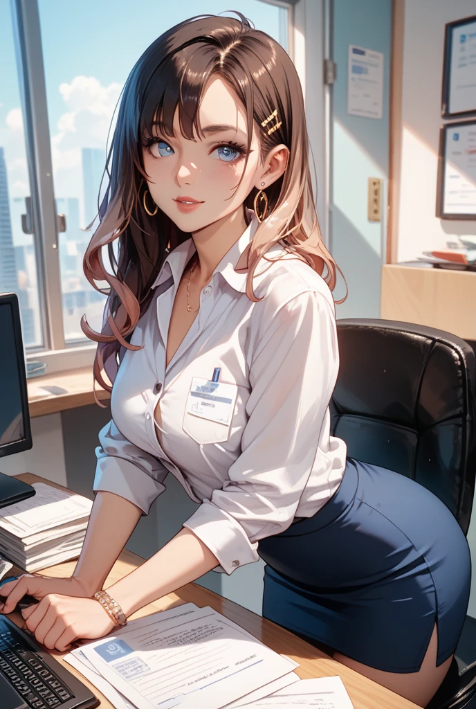 masterpiece、High resolution 8K、NSFW、sharp focus、contrast lighting、fine skin、muste piece、 highest quality、Ultra - High resolution、Super high resolution、Highly detailed CG、stock exchange、large office room、many large monitors、desk computer、trading、document、stock、chart screen、Horizontal focus male OL、woman is sitting on a chair、beautiful eyes、(Detailed face and iace:1 2)、narrow eyes、almond eye、Black pupil、eye gradation eye highlight:1.2)、(light reddish brown hair、middle、asymmetrical bangs)、(ID card、Blazer for office wear shortage、white cutter shirt、black pencil skirt、pumps)、(plump lips、gross、glossy lips、small breast size) 、(oval face : 1.4)、(thin fingers、fine arms、detailed human hand)、laughter half open、teeth visible