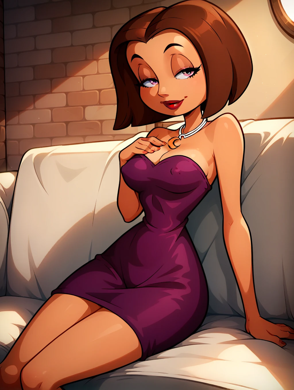 Beastars art style, beastars, Juno, brown wolf, she Wolf, 1girl, furry, long curly brown fur, slim figure, blue eyes, wide hips, Big breasts, party dress, cleavage, night time, New York hotel