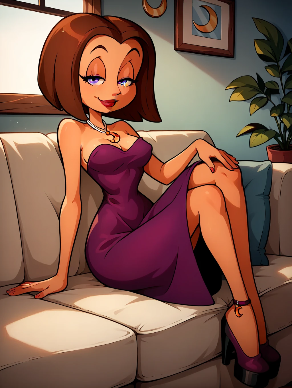 score_9, score_8_up, score_7_up, toon \(style\),ultra high quality,ultra high resolution,ultra ,full body, seductive, very realistic,(extremely detailed), detailed background,,(masterpiece, best quality, high quality, highres, ultra-detailed),toon (style), flat color, <lora:Hilda_Spellman_Sabrina_The_Animated_Series pony:0.9> hilda spellman, bob cut, brown hair, red lips, crescent necklace, purple dress, long eyelashes, purple eyes, narrow waist, medium breasts, seductive smile, half-closed eyes,bodycon,magical sparks,solo,single,hands on chest,purple high heels,seductive pose,
