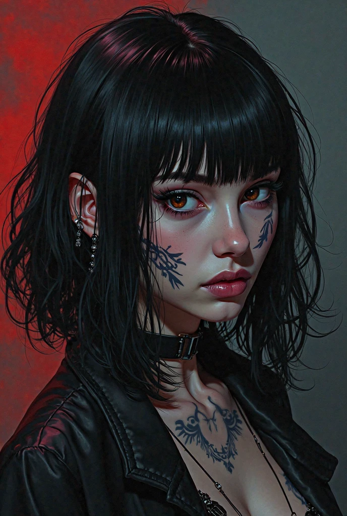 portrait of a female rocker, expressive eyes, tattoo, short bob hair, attitude, sultry, pictorialism, dystopian, grim dark, goth, chiaroscuro, contrast, surrealism, gritty background, background grunge graffiti wall, high angle view