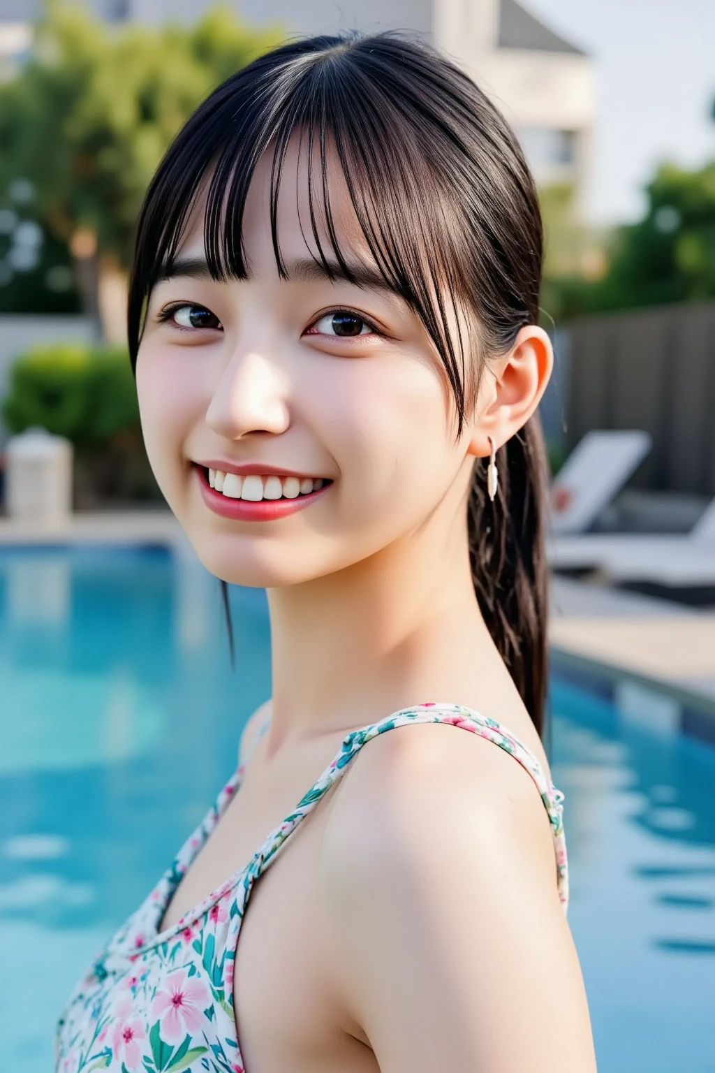 (highest quality, 8K, masterpiece: 1.3), cute girl with perfect figure: 1.4, (20th generation), black hair, (dull bangs:1.2), school swimwear, to the pool, highly detailed face and skin, fine eyes, double eyelid, chest, smile、Water up to the knees、Healthful、side shot
