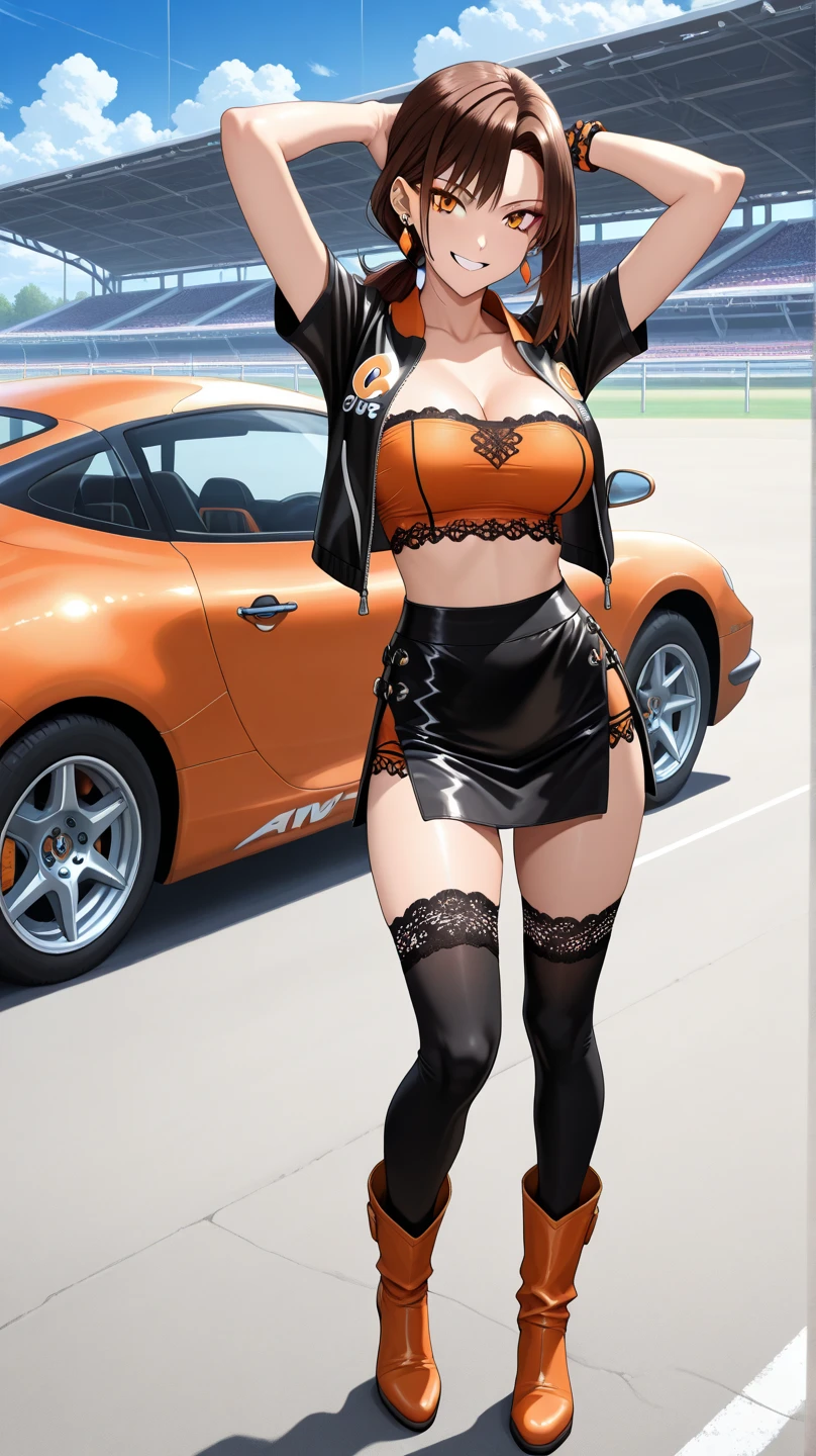 ((Realistic lighting, Best quality, 8K, Masterpiece: 1.3)), Focus: 1.2, 1girl, Perfect Body Beauty: 1.4, Slim Abs: 1.1, ((Dark Brown Hair)), (Aqua Dress: 1.4), (Outdoor, Night: 1.1), City Street, Super Fine Face, Fine Eyes, Double Eyelids, Annerose, 1girl, female mature, black hair, long hair, yellow eyes, large breasts, bodysuit, higheels, shiny clothes, skin tight, hair intakes, covered breasts, sideboob, cleavage