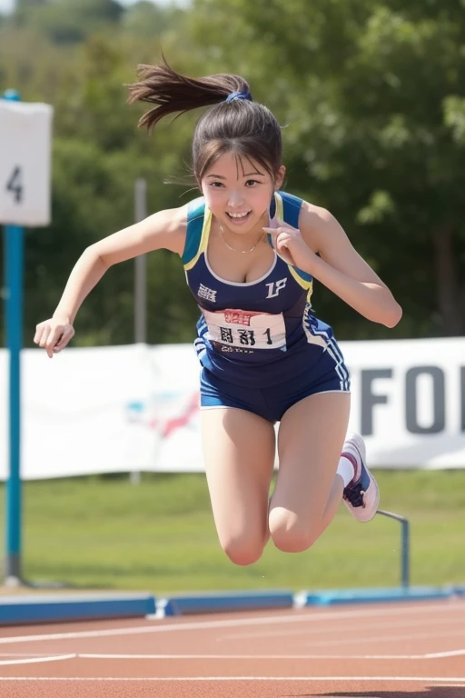 Sports, Sprinting, long-distance Running, uniform, Jogging, exercise, track and field, Tight and viscous crop top, athlete, athlete, Running, relay, hurdle,
Running posture, (extremely delicate and beautiful work), (masutepiece), One girl, japanesの少女, High Definition, Waist circumference, feeling of Sprinting, Outdoors, 100m walk, track and field, race,
A charming expression, Beautiful clear eyes, green eye background is ambiguous, very detailed descriptions, 20 years old, Laughing, Stadium, stagecoach, Bib,
Delicate figure, thin clavicle, Beautiful lips, Beautiful breast STS, Soft back view, mix4, (8K, Raw photo, of the highest quality, masutepiece: 1.2), Bangs,
(Realistic, Photorealistic: 1.37), 1 girl, Cute, Professional Lighting, Photon mapping,
Radio City, Physically Based Rendering, Brown hair, japanes, Smile, Cute, Beautiful breasts, Sheerness,