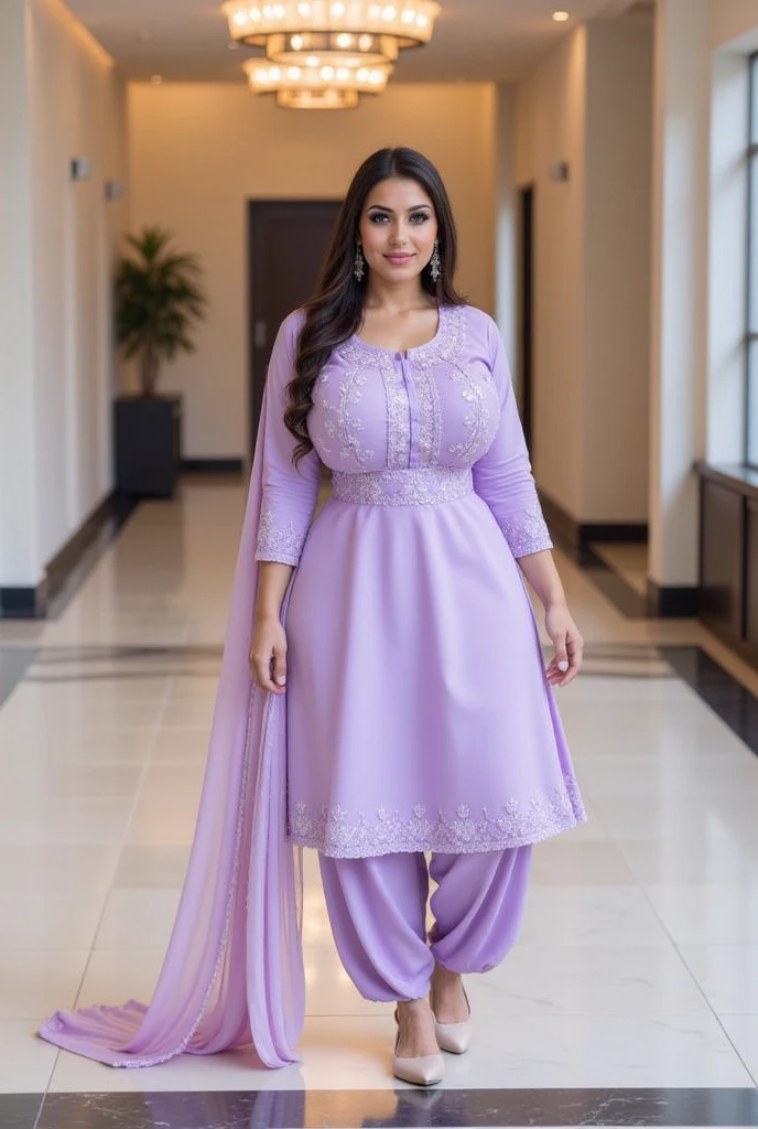 Day scene, A radiant, full-figured South Indian 3 aunty a light purple colour chiffon fully transparent kurta, bra visible through kurta, ,standing, in a office captured in a full-body image with vibrant hues and meticulous details. Full body image