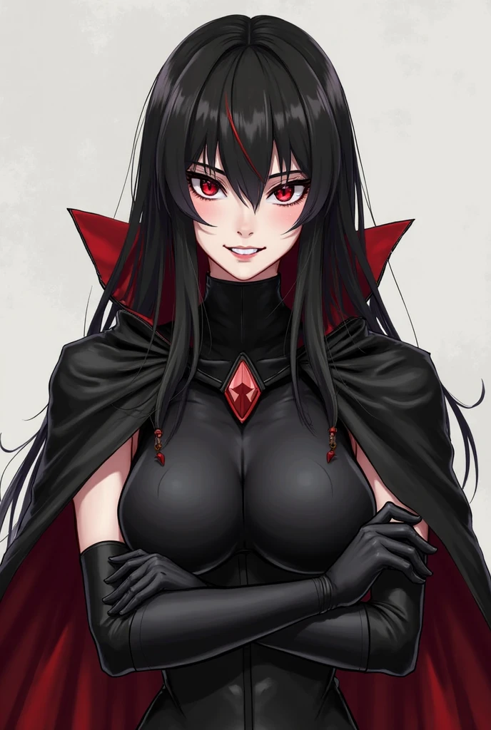 demon woman with long black hair, sharp teeth, glowing red eyes, bat wings on back, ram horns, hazbin hotel