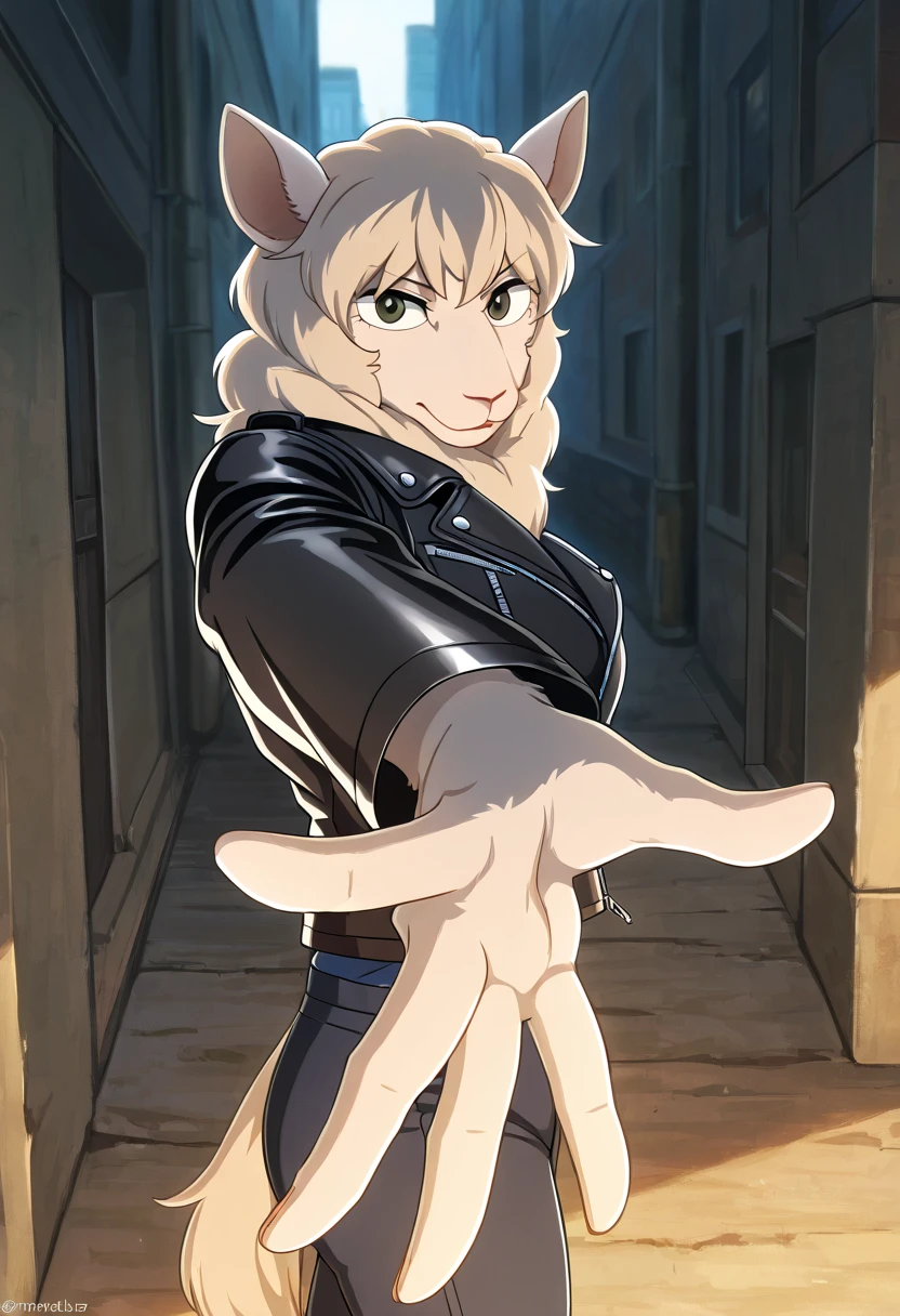 Seven_bs, anthro, solo, furry female, fluffy, white fur, black eyes, sheep's ear, clothed, pants, (open leather jacket), best quality, highly detailed, high resolution, detailed background, detailed clothing, detailed body, masterpiece, good , handfixer, dynamic pose, foreshortening