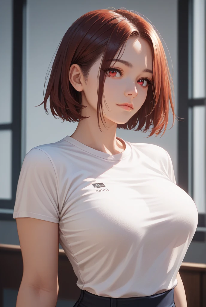 from behind,Backwards,Stretching,gymnastic suit,1girl in,(Ultra detailed skin),Curve,Petite,Beautiful breasts,Large breasts,pale skin,pointed breast,????? nipples,(Fantasy Art,Highest image quality,Hyperrealist portrait,(8K),Ultra-realistic,Best Quality, High quality, High Definition, High quality texture,high detailing,Beautiful detailed,fine detailed,extremely details CG,Detailed texture,realistic representation of face,masutepiece,presence,Dynamic,Bold),Bob Hair,(Thin hair),(Soft hair),(Straight hair:1.5),Swept long bangs,Extra bright coppery amber hair,Hair over one eye