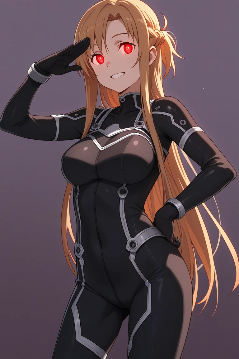 (Best quality:1.3), asuna yuuki, light brown hair, large breasts, black bodysuit, standing, (glowing red eyes, pov, close shot), plain background, smiling
