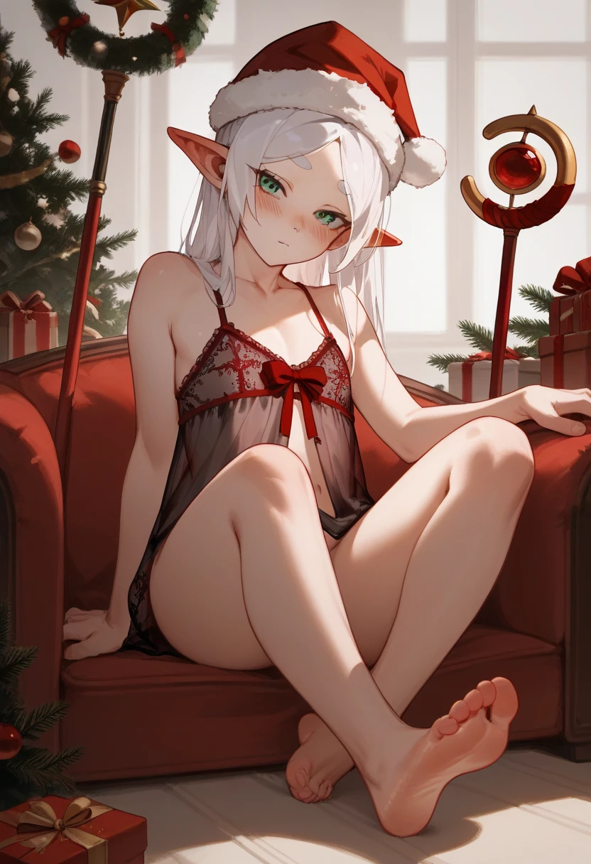 (flat color),((flower)), flower_around_head, ((winter \(season\))), 1girl, solo, bondage outfit, harness, o-ring, cross pasties, , crotch strap, groin, bare arms, ((arms behind back)), , metal collar, light smile, pointy ears, metal_collar, chain, jewelry, bdsm, bound, partially submerged, ripples, water, pool, Christmas trees on the background, Christmas hat, big breasts ,red blush,1girl,solo, young woman,spread legs,, Small ,elf,white hair,grey hair,earrings,pointy ears,long hair,ponytail,green eyes,twintails,parted bangs,thick eyebrows,