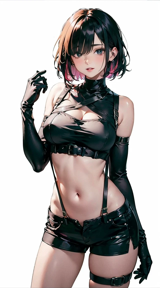 young girl, short black hair, violet eyes, smirk, Black leather jacket with spikes, open belly, breeches, Chains on clothes, scar on face, cigarette, Smoke, hiquality, 4k, HD, Good detail