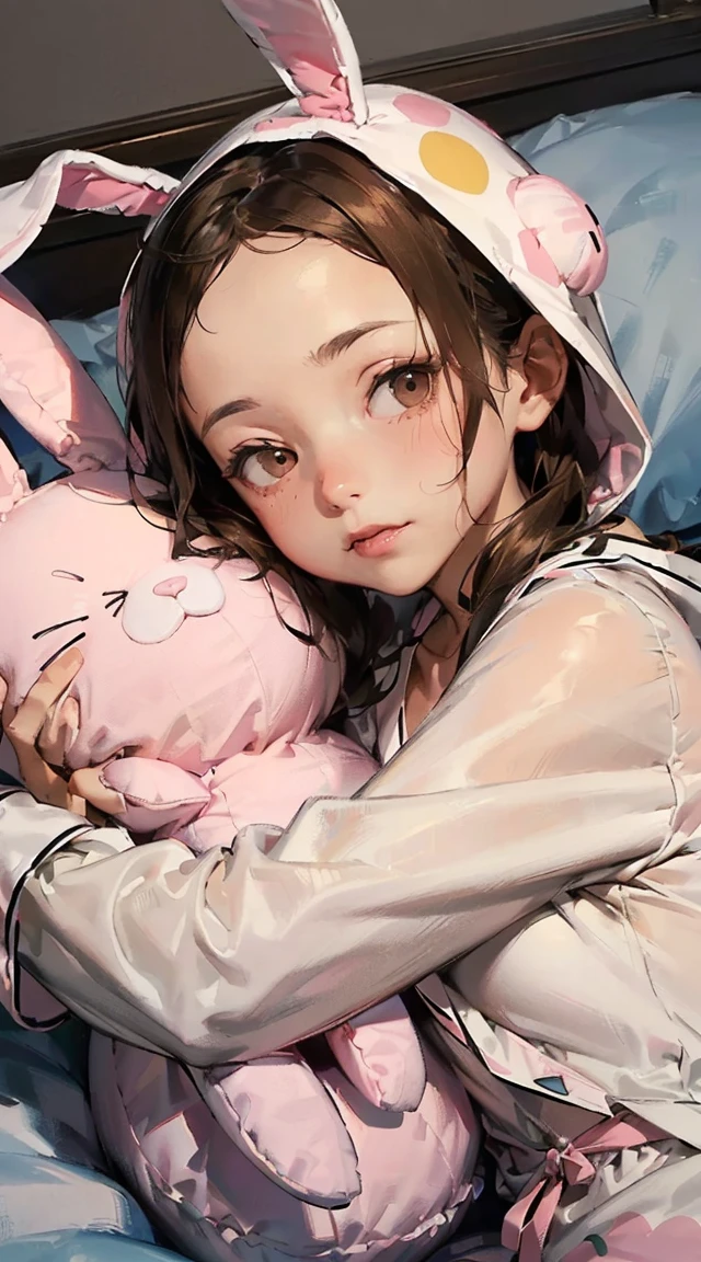 (best quality, masterpiece), 1girl, sleeping, pajamas, from above, bed, girl's room, hug doll