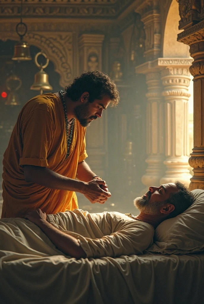in 3d, King Someshwar's Last Moments: An artistic rendition of King Someshwar passing away, with a young Prithviraj by his side, preparing to take on the responsibilities of the throne.