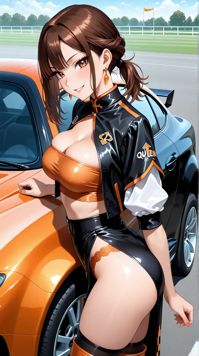 table top, highest quality, super detailed, throw, 1 female, 35 years old, Beautiful eyes with attention to detail, short hair, (big breasts), lace queen, sexy pose, enchanting smile, detailed background, With background: (Car Racing Venues:1.3)