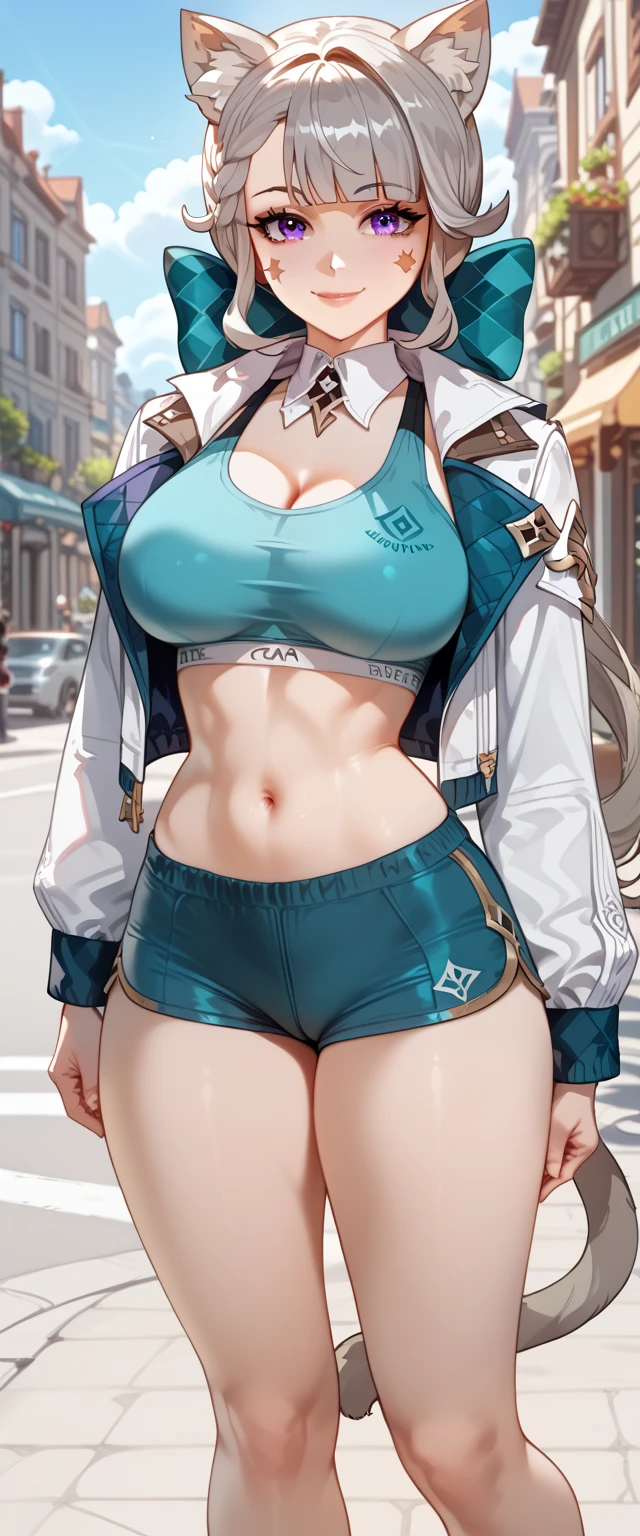 realistic, 1girl, ponytail, parted lips, blush, makeup, light smile, white hair, sportswear, skirt, wet clothes, glow, thighs, purple eye, bare shoulders, collarbone, narrow waist, sunbeam, sunlight, rose, wind, cleavage, (masterpiece), sweat,
