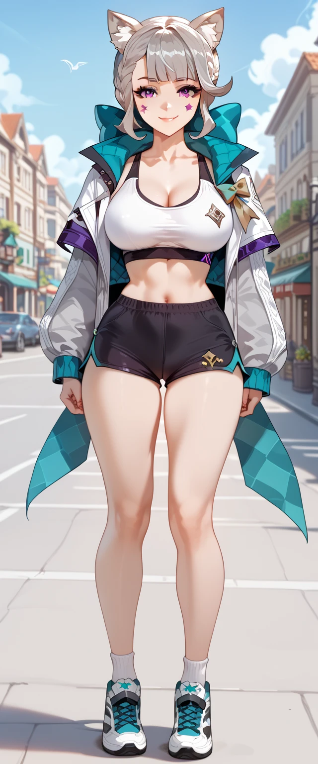 Aile_Megamanzx, 1 Girl, looking at viewer, Brown hair, Green eyes, Sky background , Blushed , Leaning on a table , Glasses , gaming clothes, gaming headphones, Cat Cosplay, black micro bikini