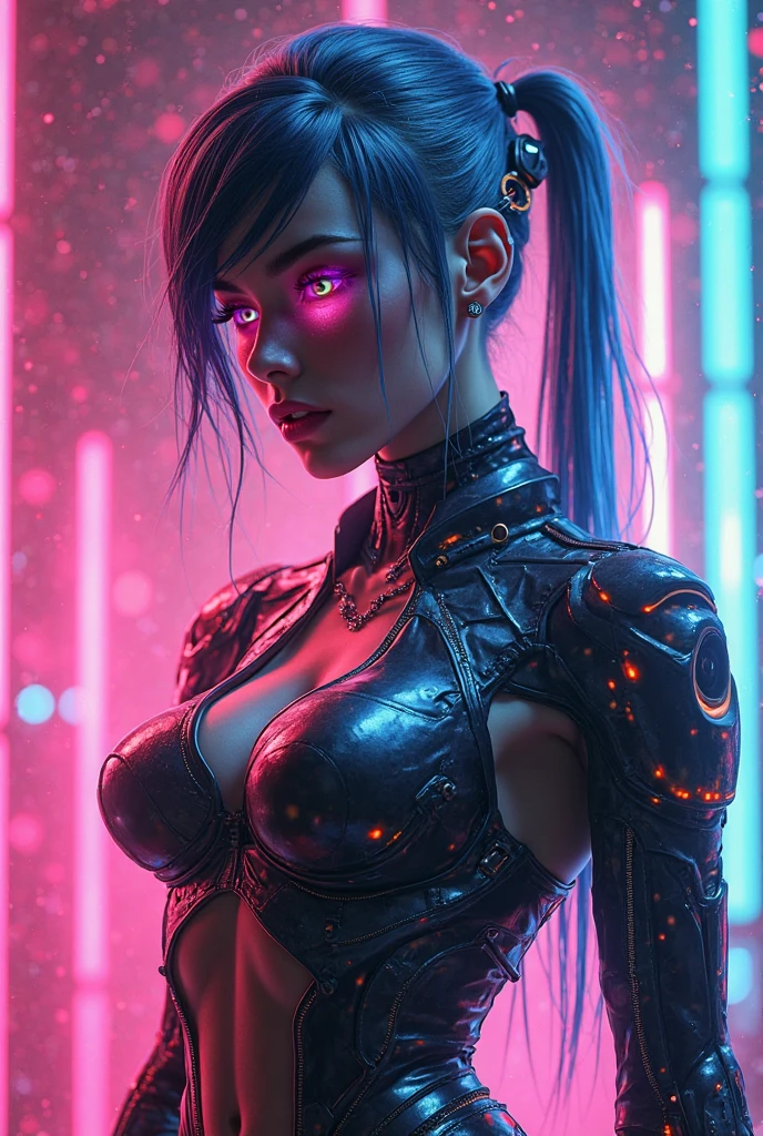 Unbeatable masterpiece, Ultra photo realsisim, Perfect Artwork, Intricate details, Best Quality, strong lights,High contrast,((Post apocalyptic futuristic Cyberpunk , outline):1.35) , ((masterpiece)),((Extremely detailed)) , ((extremely detailed and beautiful face)) , Smoky makeup, Perfectcomposition , intricate detailes , neon light , neon trim, (full body Esbian:1.25) , (Official art) , Very delicately beautiful cyberpunk girl, long blue colored hair blowing in the wind, vibrant yellow eyes, long detailed eyelashes, huge enormously gigantic tits, cleavage showing, wearing highly detailed futuristic hooded battle armor, tons of tattoos and piercings(1girl:1.3) , Solo , (glass screen:1.2) , (Clear glass) , Tindall Effect , Colorful refraction , visual impact , (High light contrast) , Colorful , Melt , (Cyberpunk:1.2) ,(flinch :1.4) ,