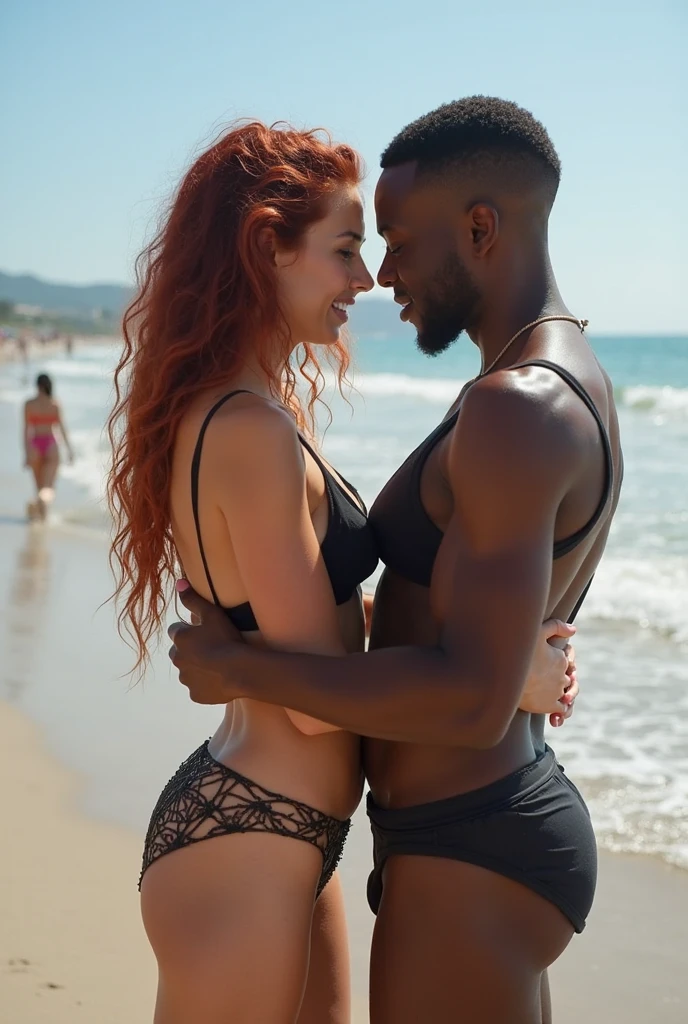(nude) (Leeloo Dallas, 30 years old), camera at ground level, mating press, vaginal fucking, African man with a huge penis, on a deserted beach