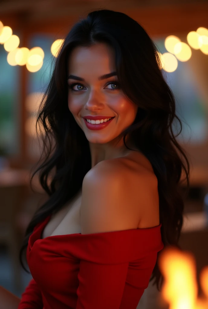 photography of 1 stunning 21 year old girl , wearing red Cocktail dress , brunette hair ,on hotel , portrait picture, smiling, looking into camera , spectacular lighting, gorgeous, (deep cleavage), photoshoot, western, (masterpiece), best quality, high resolution, extremely detailed background, skin with pores, , cinematic lighting Completed