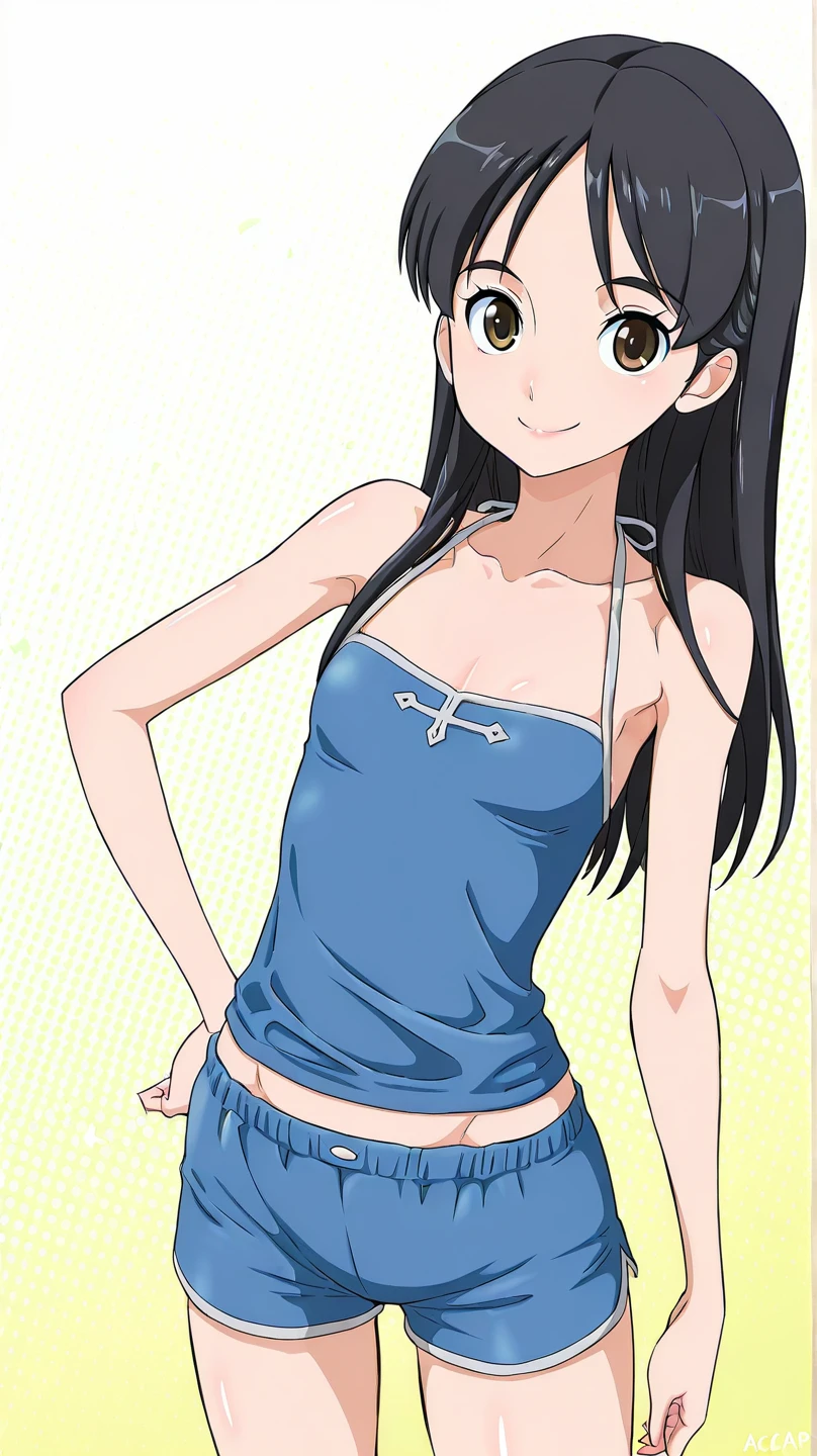 ((best quality)), ((masterpiece)), (detailed), perfect face, 25-year-old tan skinned  anime girl in a deep V-neck tied top (bare shoulders), (jean shorts), (long hair), starving, (resting hands on the stomach), (hands on the stomach), (skinny girl), (looking at viewer)