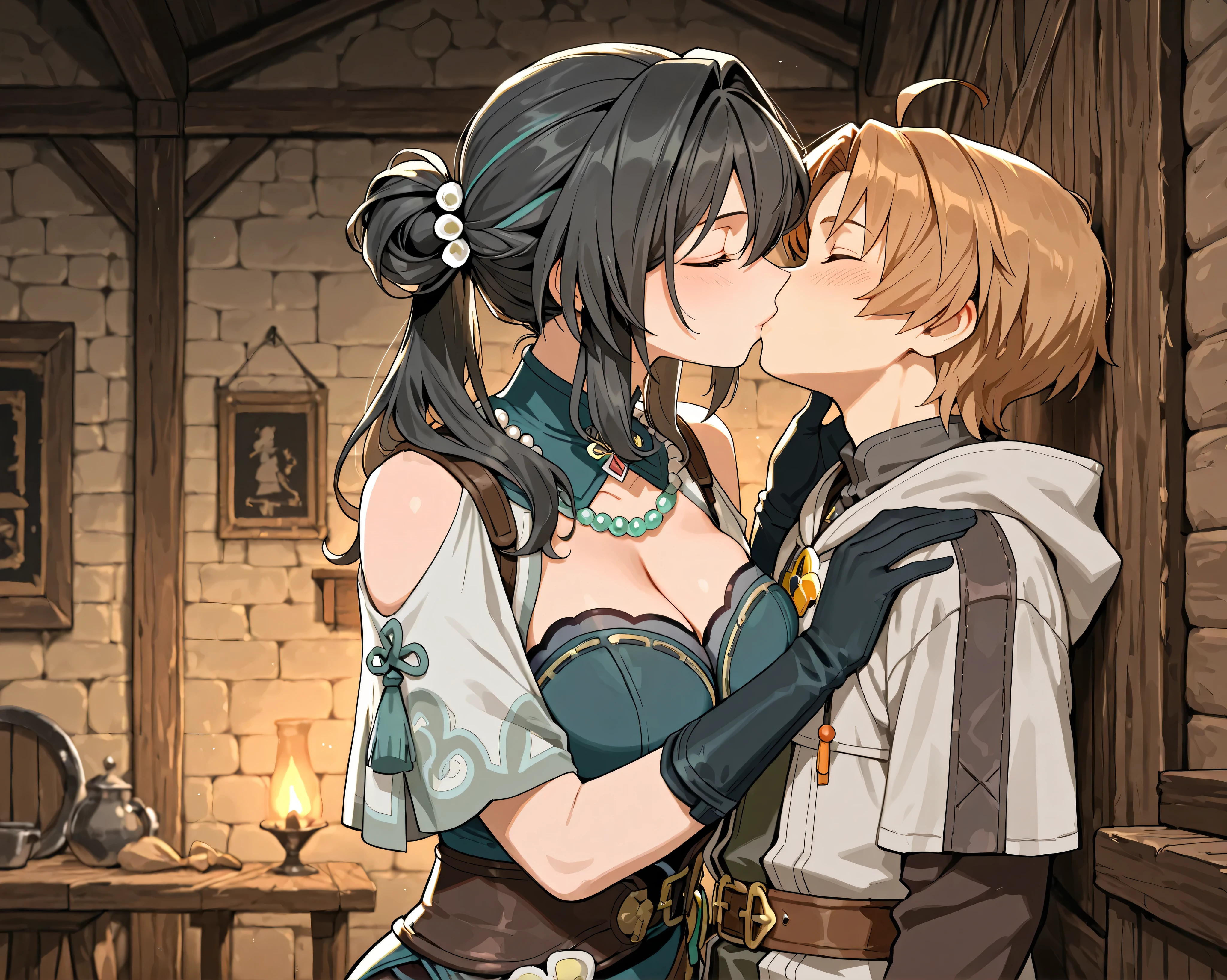 Love couple, older woman with younger man, Rudeus Greyrat and Ruan Mei, medieval room, kissing each other, masterpiece, best quality, High resolution