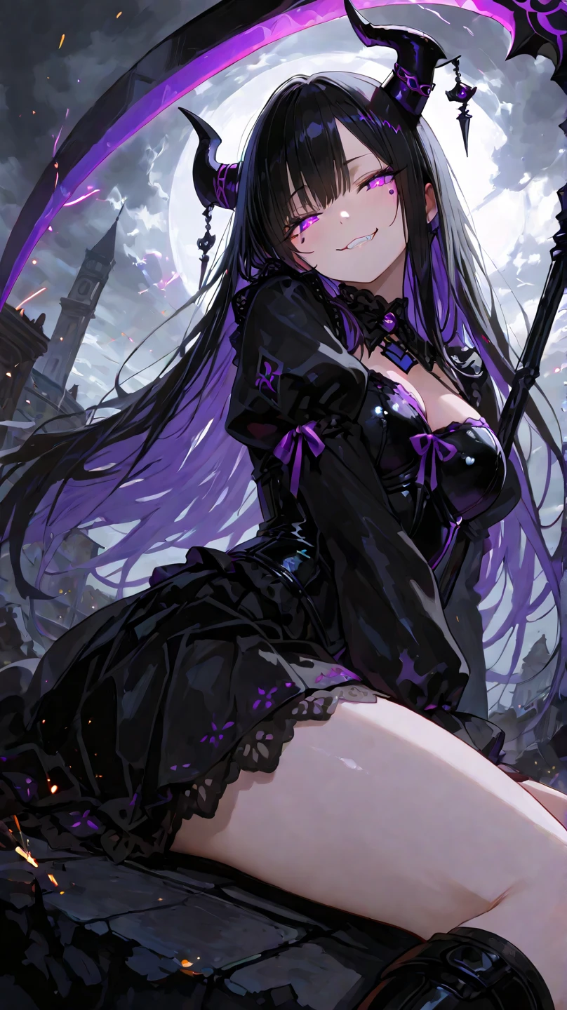 Abstinence little devil leather skirt，Purple energy texture decoration，Tall，Slim and slender，Enchantress，Seductive，Ghost Decoration，Long black hair，Peerless，Charming，Romance，Zidai makeup