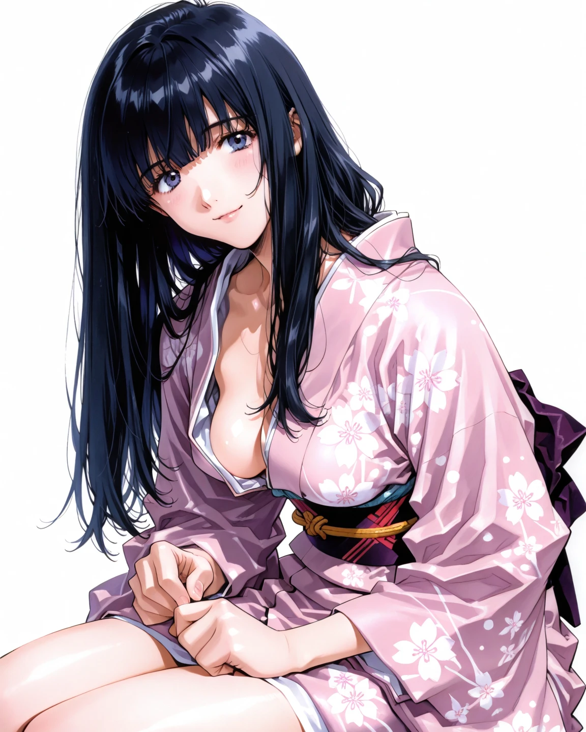 8K　Historical drama style　A beautiful slender Japanese Edo princess with long black hair　Gorgeous embroidery, Ultra glossy, She is wearing a shiny Edo-period princess kimono.　She exposes her nipples and squeezes out breast milk on the futon