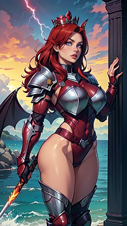 (best qualityer))), (((manga strokes))), (((walking in a lake))), front view, woman red knight, (((red helmet))), metal panties, medieval albino girl, Barbed wire garter belt, breasts covered with a metallic chest protector shaped like bat wings, curly black hair, long ribbon-garter, chains wrapped around the arm, metal gloves, great sword, medieval castle, fitness body, blood, nude belly, coxas nuas (((manga style))), violent, Manic, slenderbody, thin but strong, perfectbody, armor black, ornate metal sleeves, (( cowboy shot )). Intricate look with a huge medieval castle