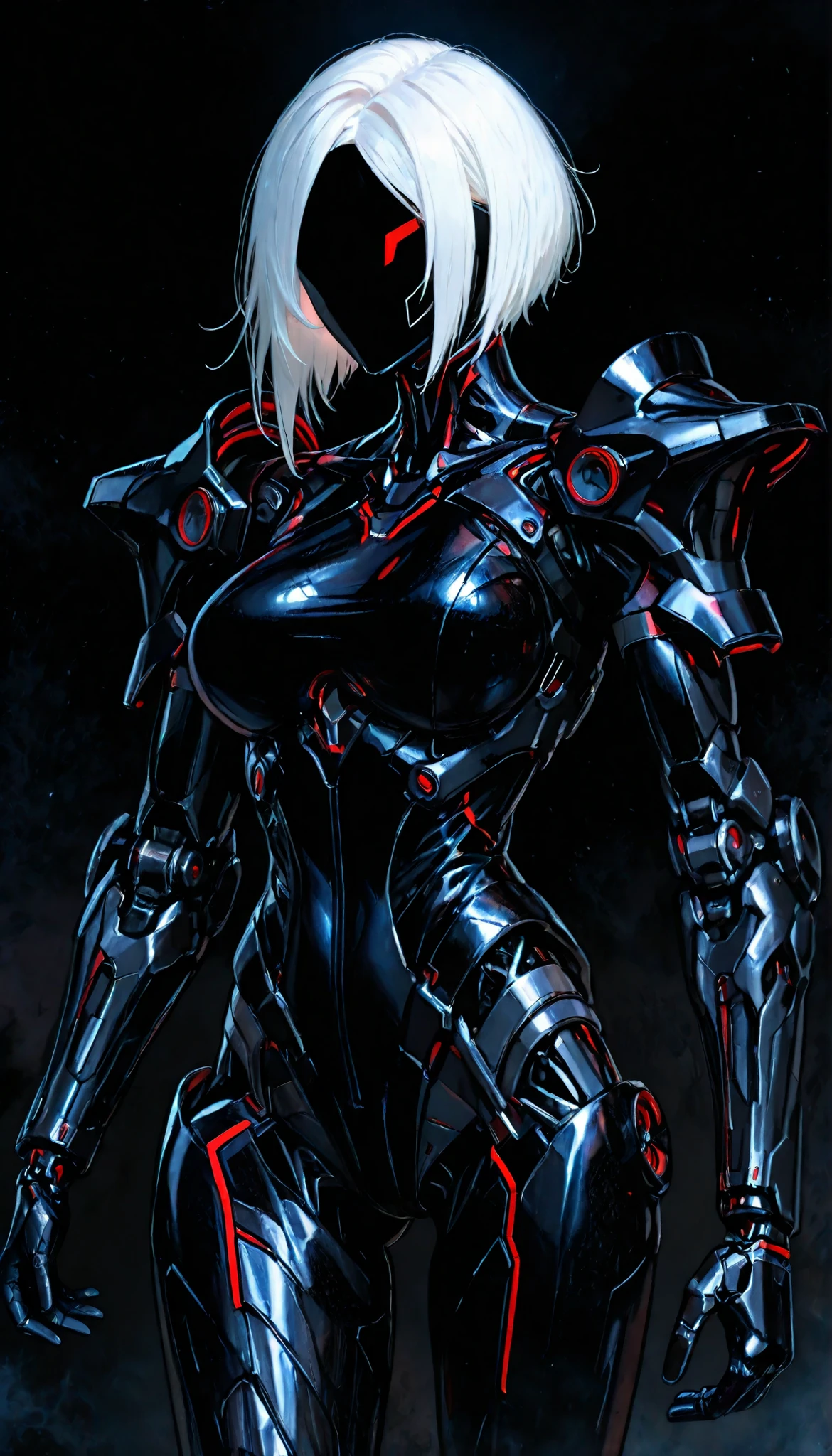 masterpiece, (best quality), sci-fi machine, matte black carbon fiber texture, white hair, black carbon fiber simulated breast prosthesis assembled with mechanical structural modules, super evolutionary future technology, cyberpunk titan technology, ornate and heavy duty shoulder blade edge, large shoulder armor, large and head-high shoulder armor, fantasy technological evolution mecha, dark fantasy art, super mechanical cloak, deep and dark space-time setting
