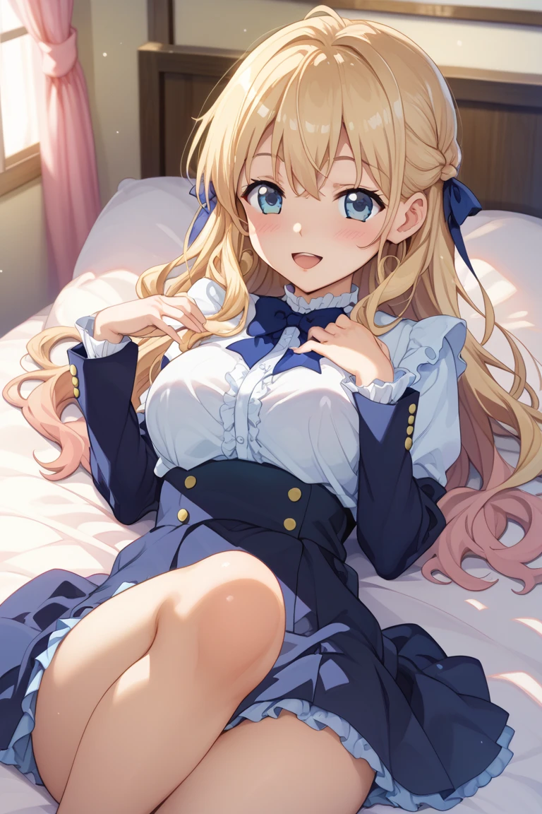 masterpiece, high res, detailed face, detailed eyes, anime screencap, 1 girl, medium breasts, blonde hair, blue eyes, messy hair, red ribbon, blue dress, apron, blue cape, white black striped high stockings. lying on the bed, bedroom, closeup, indoors, ((disgusted)), lie down, 