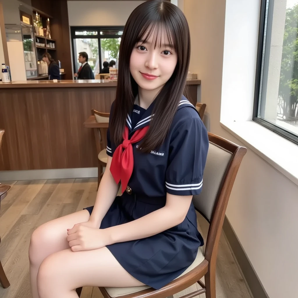 In detail,Full body photo、 One high school girl、High resolution, high quality、Slim body、Perfect dynamic composition, Beautiful fine details, Blonde、ponytail、Natural color lip,Kamimei、18-year-old girl、Clear Skin、Short-sleeved sailor suit、Red mini skirt、Thighs、Shiny Hair、最high quality, figure, Very detailed, In detail, High resolution, 8k、The correct state of the human body,Put your arms behind your back、Dark blue walls,Sitting in a chair、Thighs are visible、smile、