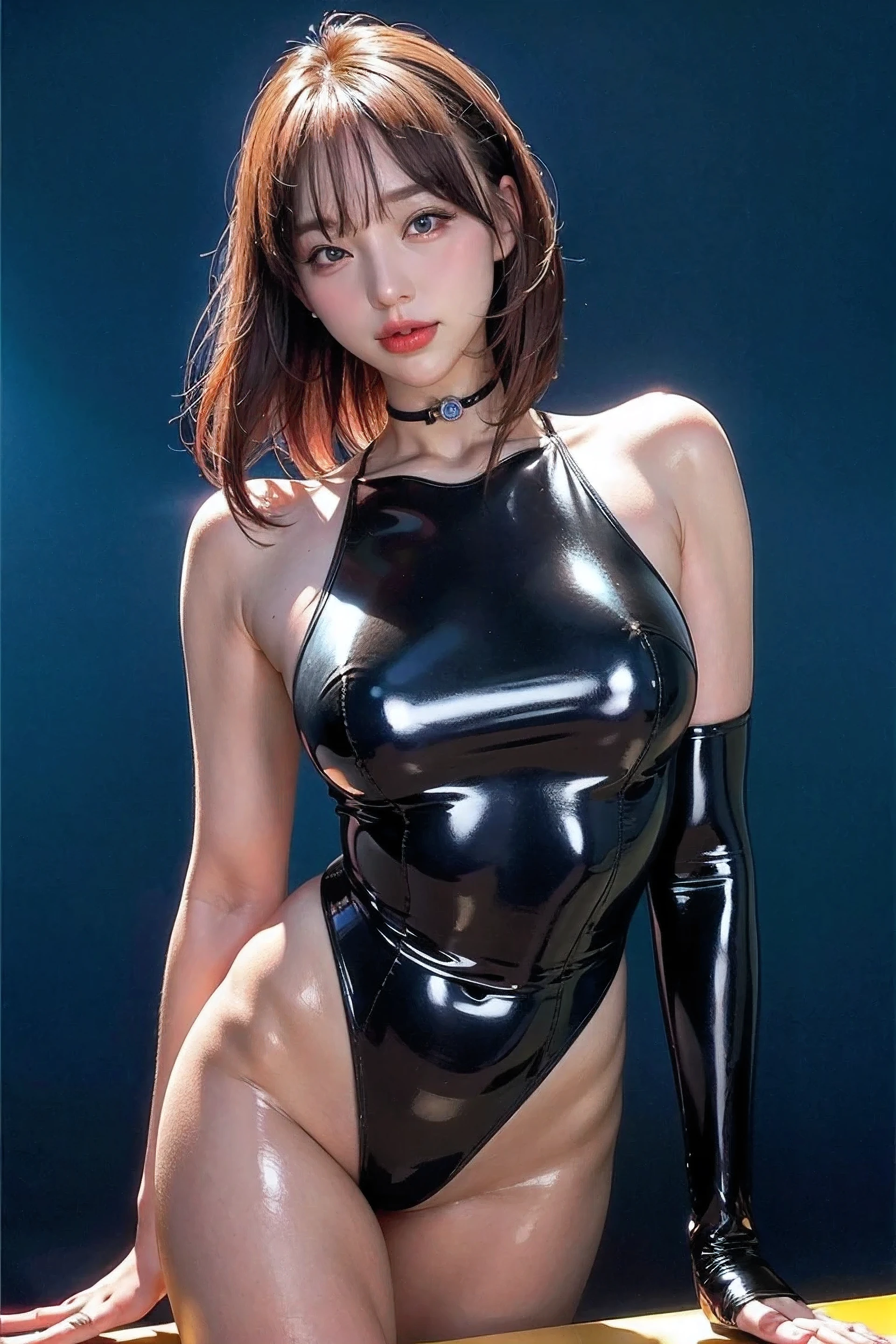 ((Top Quality, 8K, Masterpiece, Sharp Focus, 35mm Lens, f/0.8, Amazingly Beautiful Perfect Figure: 1.4)), Under Lighting, ((Natural Medium Chest)), (White Tank Top: 1.2), (Market Background: 1.2), Fish Hook Necklace, Highly Detailed Face and Skin Texture: 1.2, Detailed Black Eyes: 1.2, Ultra Detailed Skin, Shiny Skin: 1.2, grin, Beautiful detailed makeup: 1.2, high-fidelity bangs, light brown medium cut random hairstyle, from below, looking at the viewer, inverted triangle face, wearing black miniature micro bodysuit, wearing black latex, black clothes close to the skin