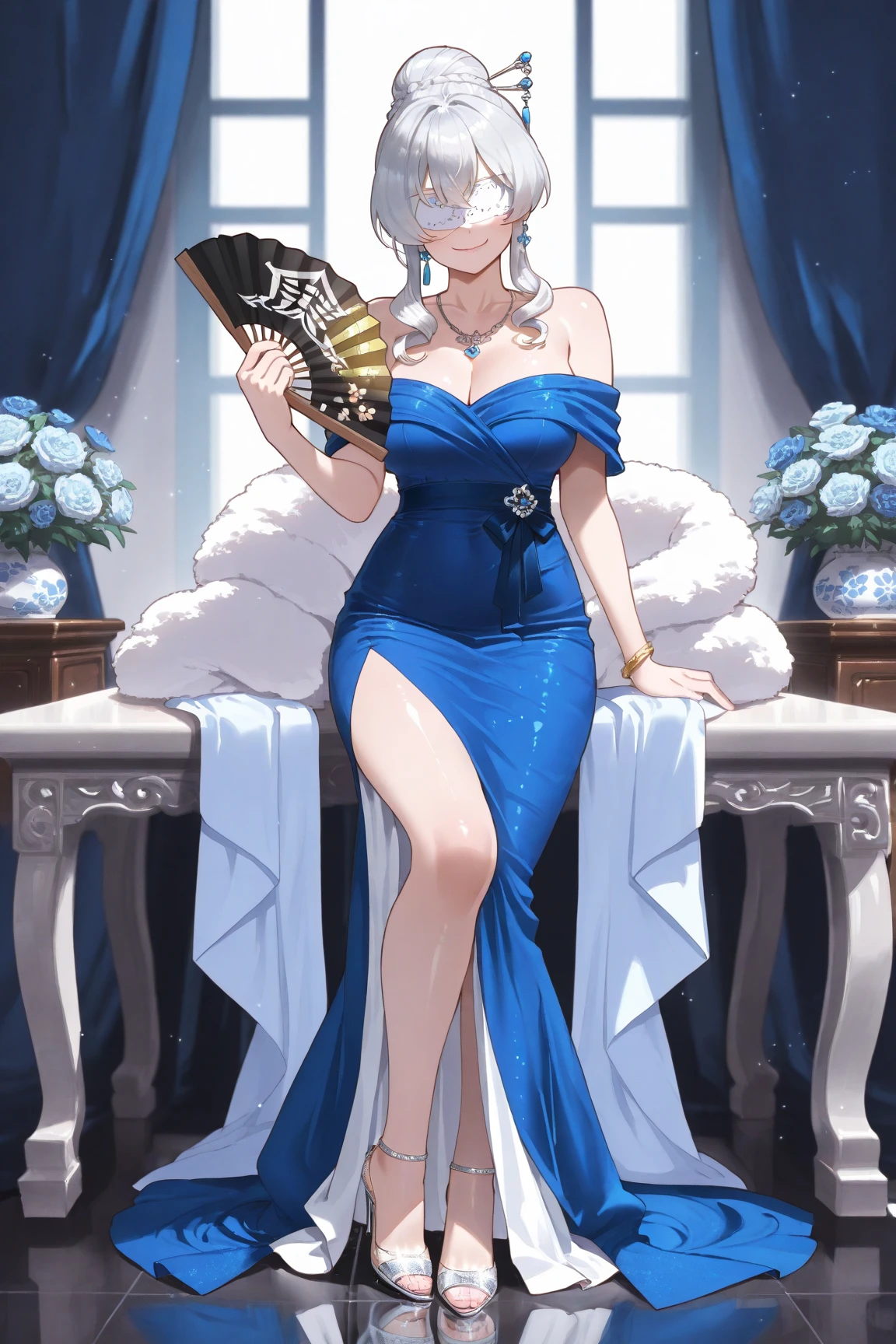 absurdres, highres, ultra detailed, (1girl:1.3), hair bun, dressmiorine, detached collar, halterneck, criss-cross halter, blue dress, <lora:miorine-nvwls-v1:0.6>
During a cocktail party, indoor, hold glass of champagne
