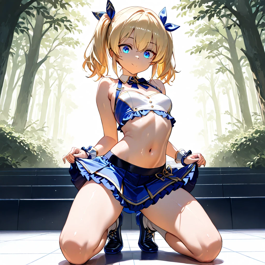1girl, futanari, Slight crotch bulge, tiny girl, young girl, mesugaki, mesugaki smile, Boyish, long frilled SKIRT, swim suit, breasts, big ass, thick thighs, Teasing, naughty looks, heart eyes, Lower arm, A girl puts her hand on her crotch,, tidy, Focus on the girl, glossy skin, oily skin, Gravure, pinup, junior idols, Masterpiece:2, Top Quality, high Quality, Very Detailed, ultra High Resolution, super High Resolution, Beautiful Detail, Dynamic angles, perfect lighting, 8k, Animation Style, cartoon style, game cg, sfw,