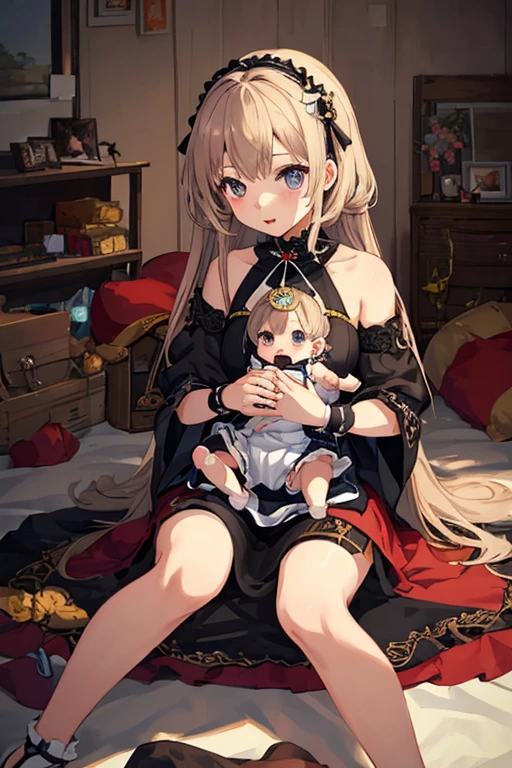 (2girls:1.5), (height_difference:1.5), (size_difference:1.1), (giantess:1.1), a giantess pinning a tiny woman down, a giantess hugging a tiny woman, a tiny woman below the breasts of a giantess, serafuku, bedroom, bed, sweaty, cleavage, looking at another, looking in her eyes, (adult woman: 1.2), (mature:1.2)
