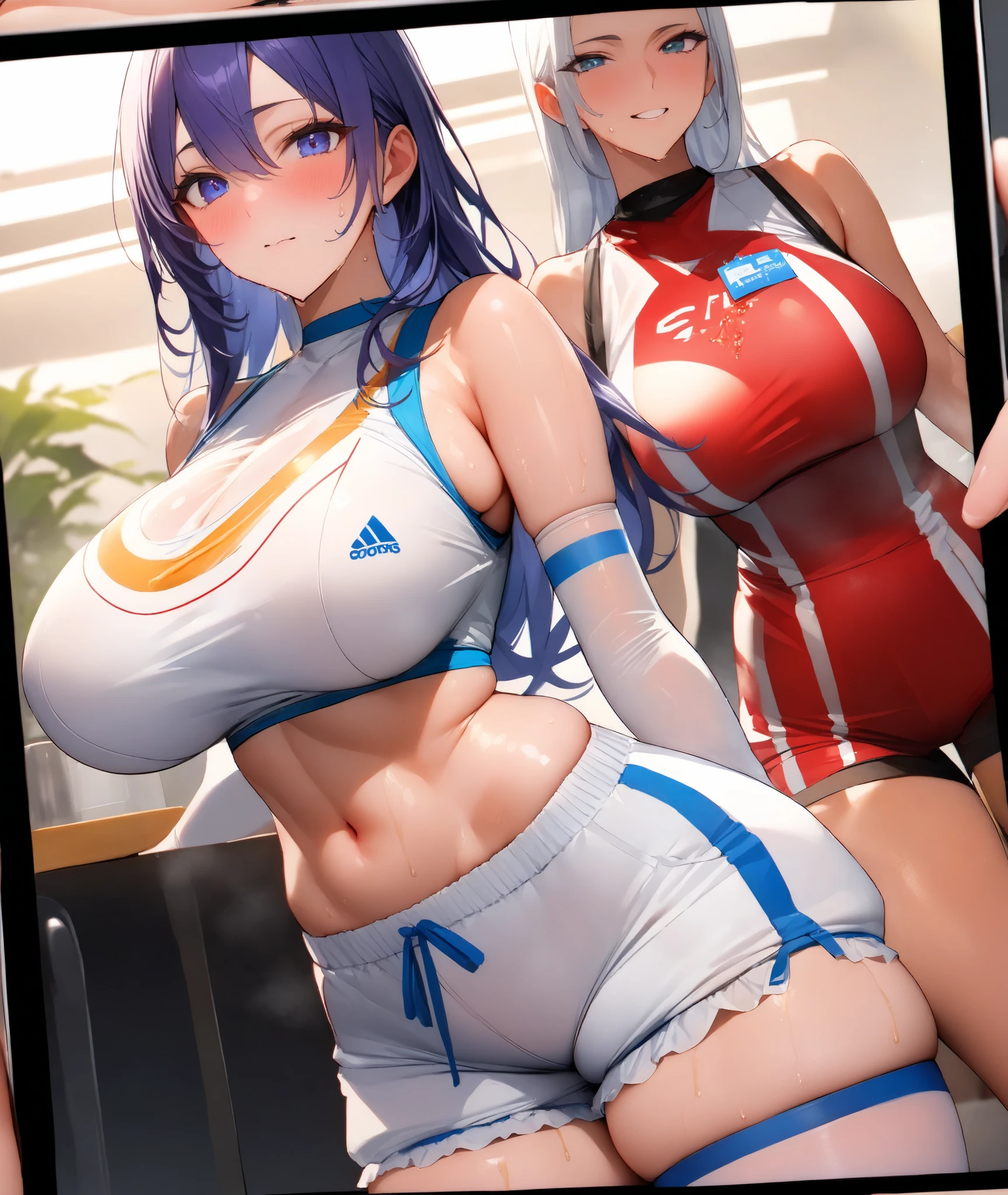 (masterpiece, best quality), 1girl, close-up face, (from front:1.2), (on all fours on the floor:1.2), (looking down:1.2), break girl, casual,Gym suit、Wearing a jersey、school gym、 (bra:1.2), breast gap, medium breasts, hanging breasts, downblouse,、leaning forward、Random hair color、 8K, highest quality, masterpiece, super detailed、、、young face、、full lips、Pale blue eyes、、blush、lipstick、medium breasts、perfect hands、detailed hands,、Smile、smile、gymnastics matの上、gymnastics mat、Gym suit,Wearing a jersey、Wearing spats