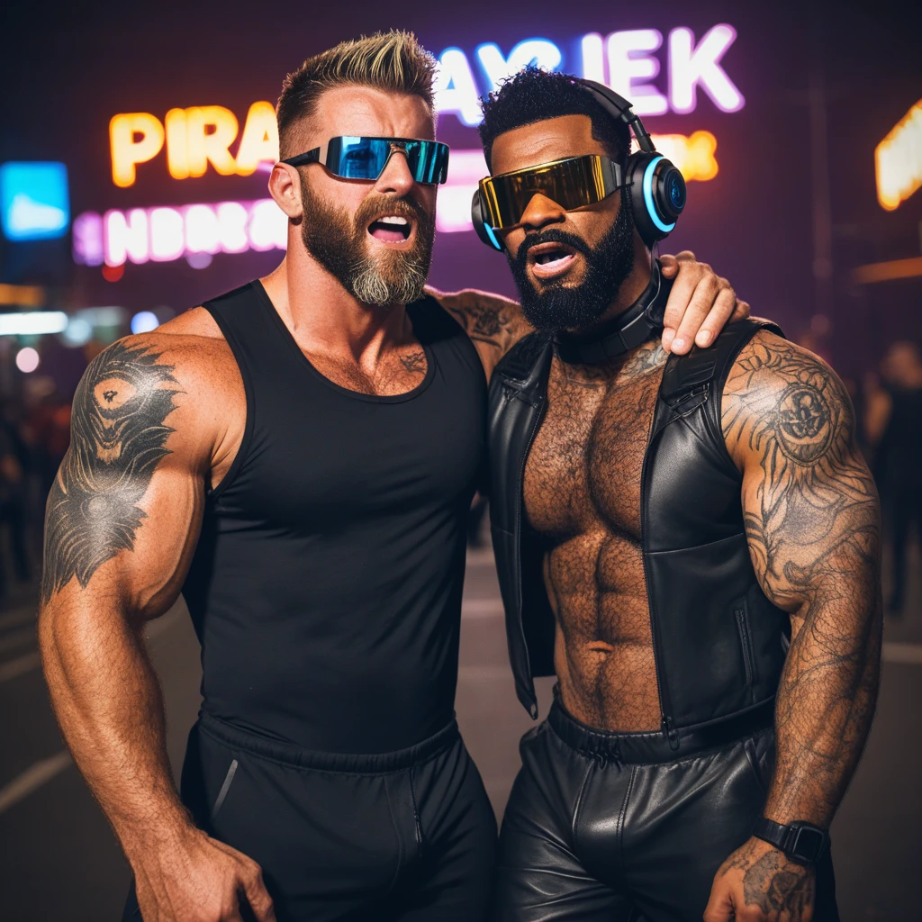 Cyberhunk in skin tight neon cyber gear, high-tech headphones, digital visor glasses, metal choker, neon lights in his torn pants,
blonde guy, dark brown skin, spiked hair, thick beard, screaming angry mad, 
male only, gay hunk, dim light, darkness, metal arm, natural body hair, hairy legs, hairy , glowing tattoos, handsome eyes, perfect eyes, metal piercings, robotic arm, metal arm, leather straps, realistic lighting, 4k quality, high-resolution, masterpiece, action shot, zPDXL3,Hairy,AddXL