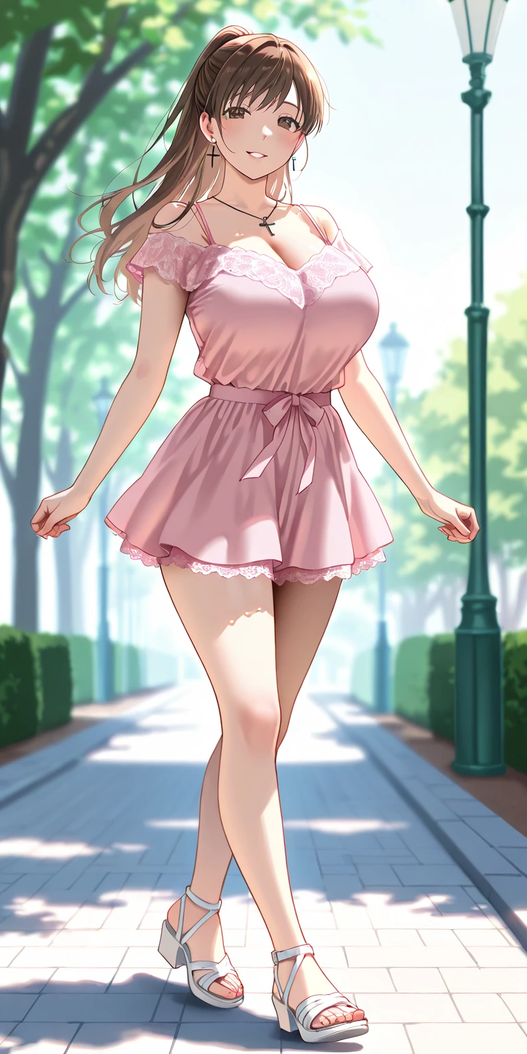 ((masterpiece, best quality)), insaneres, absurdres, solo, looking at viewer, BlondeHair_BadLaunch_ownwaifu, 1girl, long hair, blonde hair, curly hair, hair ribbon, blue eyes, medium breasts, red hairband, eyelashes, bangs, bare shoulders, collarbone, little dark pink tight dress, t3ghtdr3ss, bare legs, outdoors, depth of field, vanishing point, arms at sides, (contrapposto), smile