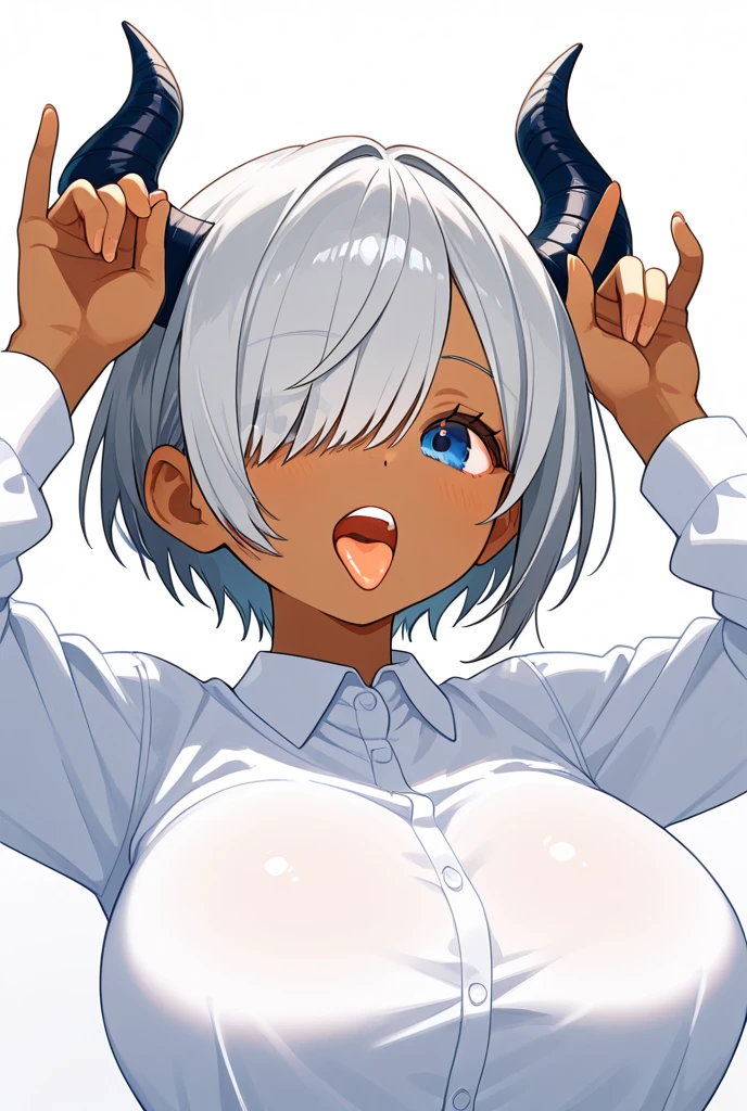 1girl, large breasts, solo, seductive smile, masterpiece, looking at viewer, short hair, selfie, yellow eyes, tan, bottomless, white hair, one side up, indoors, reaching, standing, :3, open jacket, bent over, pussy, messy room,
