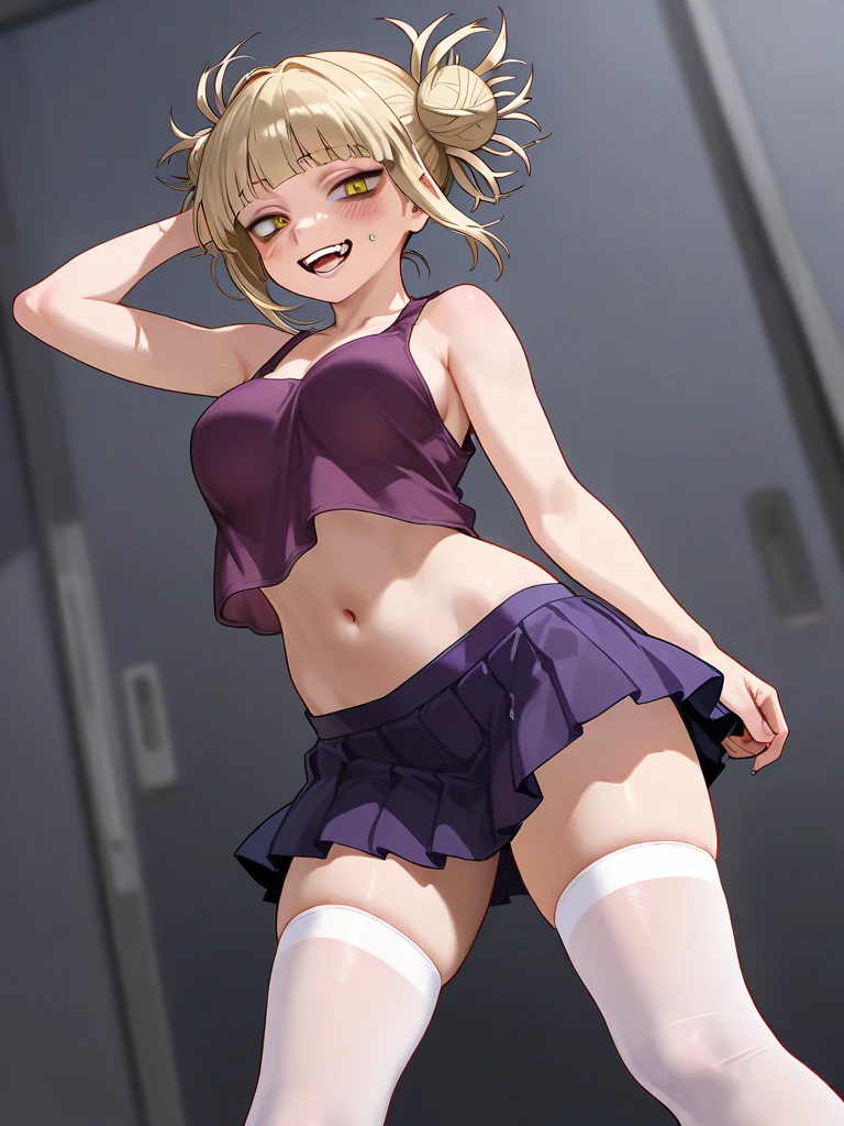 masterpiece, best quality, highres, absurdres, 8k, 4k, official art, 1girl, tsundere, blonde hair, twintails, victory pose, lotus position, small crop top, very small Miniskirt, see-through panties