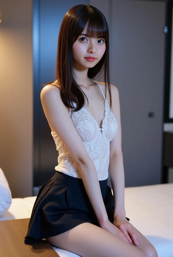(8K, Highest quality, RAW Photos、masterpiece: 1.2), Very detailed, Highest quality, Ultra-high resolution, Professional Lighting, Photon Mapping, Radio City, Physically Based Rendering, Cinema Lighting, Written boundary depth, I focus,1 female,24-years-old、 (Full Body Shot), ((OL Uniform、ミニskirt、pantyhose))((suit、skirt、pantyhose))((pantyhose))(Looking at the audience:1.3) Very slim, Medium chest, ((She poses seductively on her hands and knees on the bed, light々Check thoroughly)) ((Please put your feet up)) ((Hug my feet))((return)), ((From behind))(Shrapnel), cute, White skin、Looking at the audience, lightい笑顔,alone, Captivating smile, Wide opening, Professional Lighting, Sony a7R4, Zesse 50mm F1.8, Medium chest,Narrow and beautiful eyes,