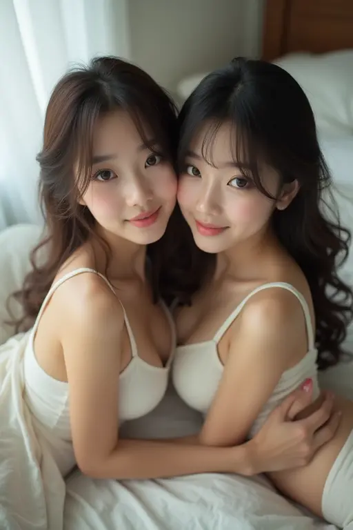 Two KOREAN girls dressed in silk pajamas having sex, HAIR IN BUN ON TOP OF HEAD BLONDE HAIR, (LARGE BREASTS), LOOKING AT CAMERA CUTE SMILE