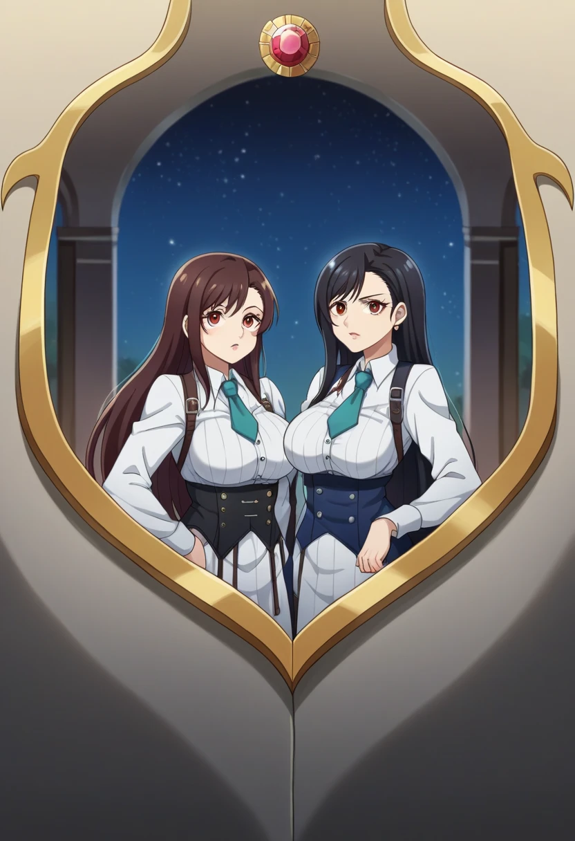 masterpiece、highest quality、High resolution、Very detailed、Medium wide shot、Mature Woman、((Big Breasts))、Tight waist、Clothes that fit the body、Angle from the side、profile、Smiling、Are standing、Hands at your side、Muscular man、Man and woman facing each other、