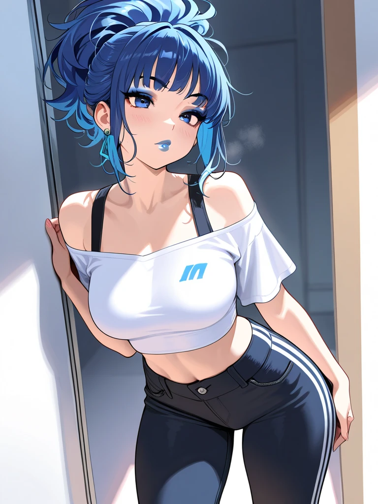 full body,masterpiece, high details, high quality, best quality, anatomically correct, masterpiece, textured skin, super detail,ultra-detailed, best quality, extremely detailed, 8k, high res, realistic, 1girl, 18yo, beautiful girl, (half closed eyes),(narrowed eyes:1.2),(open mouth), (blush:1.2),BREAK,(white tank top:1.8), (jeans:1.3),blue beautiful eyes, (dark blue medium bob hair,asymmetrical parted bangs:1.8),BREAK,(voluptuous bust:1.3),(Gaunt , thin waist:1.3),looking at viewer,white background, 