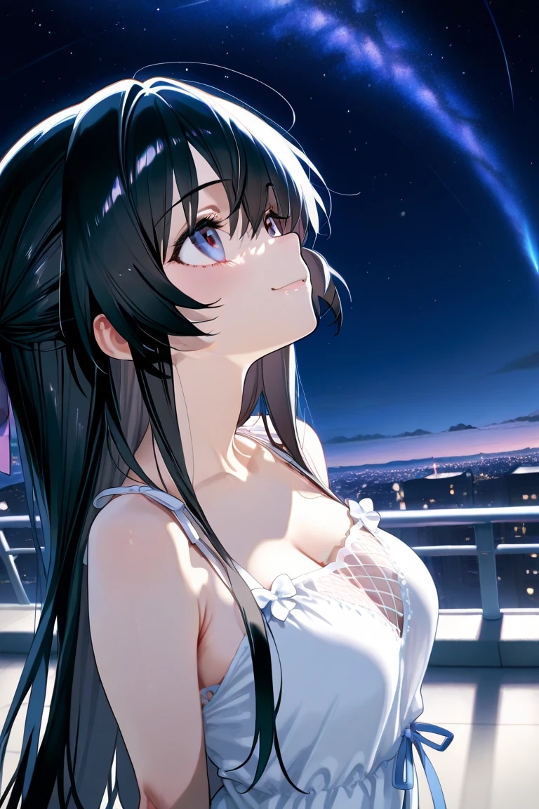 Face close-up、long hair、girl1、smile、Purple eyes、Open your mouth、Pink Lips、(Large Breasts:1.3)、Cleavage、night、Starry Sky、Hide your arms behind your body、Glowing Hair、moonlight、(looking down:1.2)、kousaka reina、Kyoto Animation Style、Uji Bridge