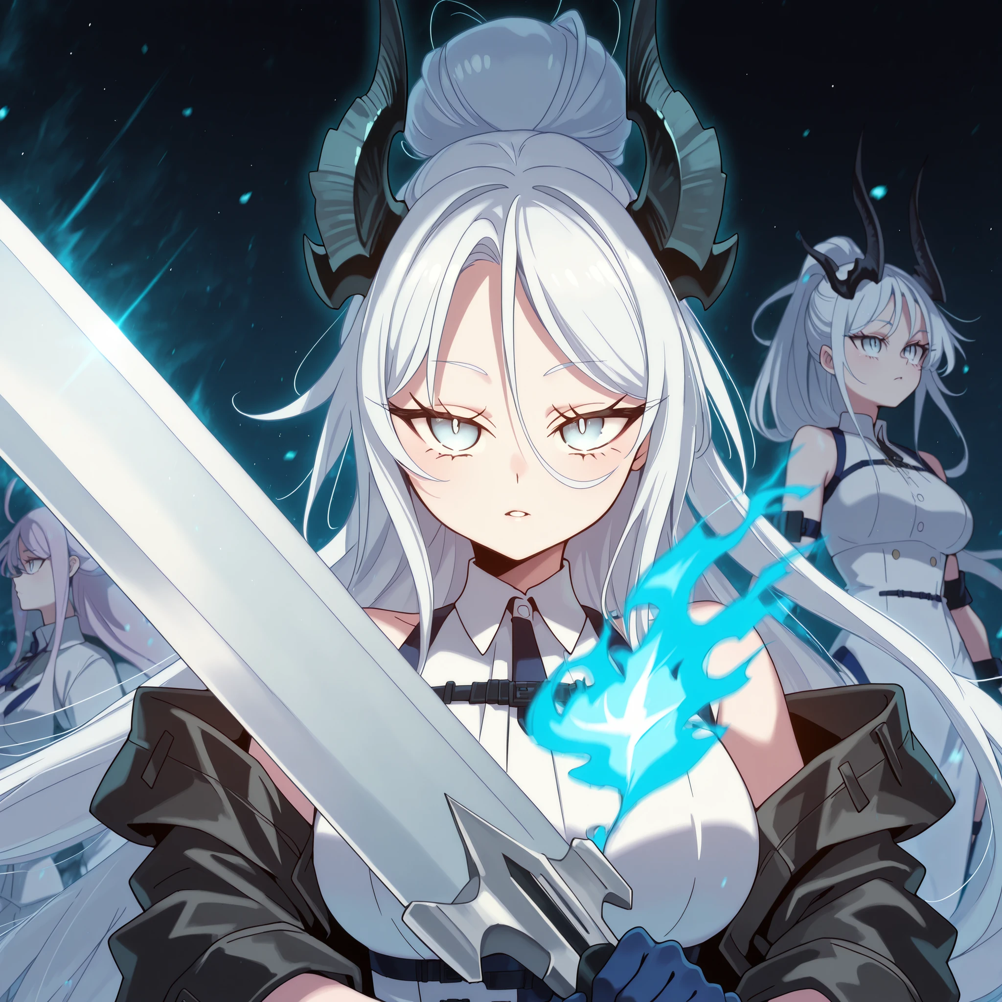 Sozinho, 1 , facing the viewer, cabelo branco, hairstyle from Sylpha from "Tensei Shitara Dai Nana Ouji Dattanode", face de Sylpha de "Tensei Shitara Dai Nana Ouji Dattanode", olhos de Sylpha de "Tensei Shitara Dai Nana Ouji Dattanode", franja longa, Anatomia Perfeita, estudante, Reed's black horns from "arknights", tail, cauda branca, blue flame on the tip of the tail, jovem garota, corpo perfeito, jovem, sensual, perfect and beautiful face;
A black coat like Dusk with "arknights", sexy white Chinese dress, exposed arms, blue arms with black spots, hands with claws, blue hands with black spots;
facing the viewer, cara a cara, fundo preto, pose sensual, seios grandes, bunda grande;
Holding a heavy sword, sword looking like the sword of Nian from "arknights", golden details on the sword, giant sword drawing, Silver blade;
attack position, exposed shoulders and head, perto do rosto , looking at the character, looking at the spectator, cara a cara, sorriso provocante, confiante, cute expression;
Pay attention to the necessary colors, , maximum resolution ;
uma imagem +18, uma imagem sexy;