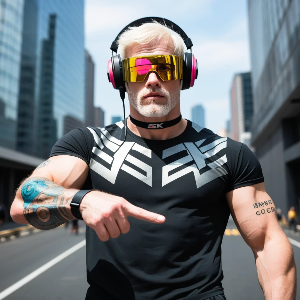 Cyberhunk in skin tight neon cyber gear, high-tech headphones, digital visor glasses, metal choker, neon lights in his torn pants,
blonde guy, dark brown skin, spiked hair, thick beard, screaming angry mad, 
male only, gay hunk, dim light, darkness, metal arm, natural body hair, hairy legs, hairy , glowing tattoos, handsome eyes, perfect eyes, metal piercings, robotic arm, metal arm, leather straps, realistic lighting, 4k quality, high-resolution, masterpiece, action shot, zPDXL3,Hairy,AddXL