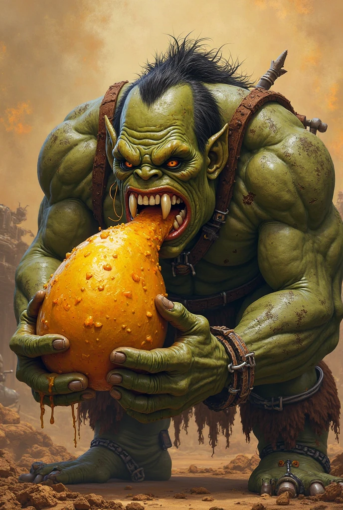 hyper muscular orc, ripping out of cotton clothes, pants in tatters, ripped clothes, destroyed clothes, rags laying on the floor, raging rock hard penis, copious amount of vicious liquid, loads of cum 1:3, spraying cum everywhere, glowing green eyes, full body shot, huge horns, large overbite, bara chest, braided ginger beard, mohawk, aggressively flexing, most muscular pose, detailed skin, skin blemishes, lighting should be warm and inviting, casting a soft glow and highlighting the rich colors of his flesh, background cinematic Hollywood movie style, light depth of field, vignette, highly detailed, high budget