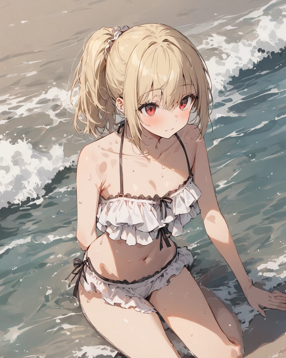 God quality, anime moe artstyle,best anime 8k konachan wallpaper,badass anime 8k,perfect anatomy, (Please draw A girl in a off shoulder bikini walking on the beach.),break, 1girl, (Solo,Loli,child,12-year-old:1.3),(dark tan skin), Full limbs, complete fingers, long hair, silver hair, androgynous charm,flat chest, Small butt, groin, Small eyes,finely detailed beautiful red eyes,Ponytail, anklet, sun hat, in the rural beach. break,ultra-detailed,high resolution,super detailed skin, professional lighting,8k eye details, (sexual illustration:1.2),