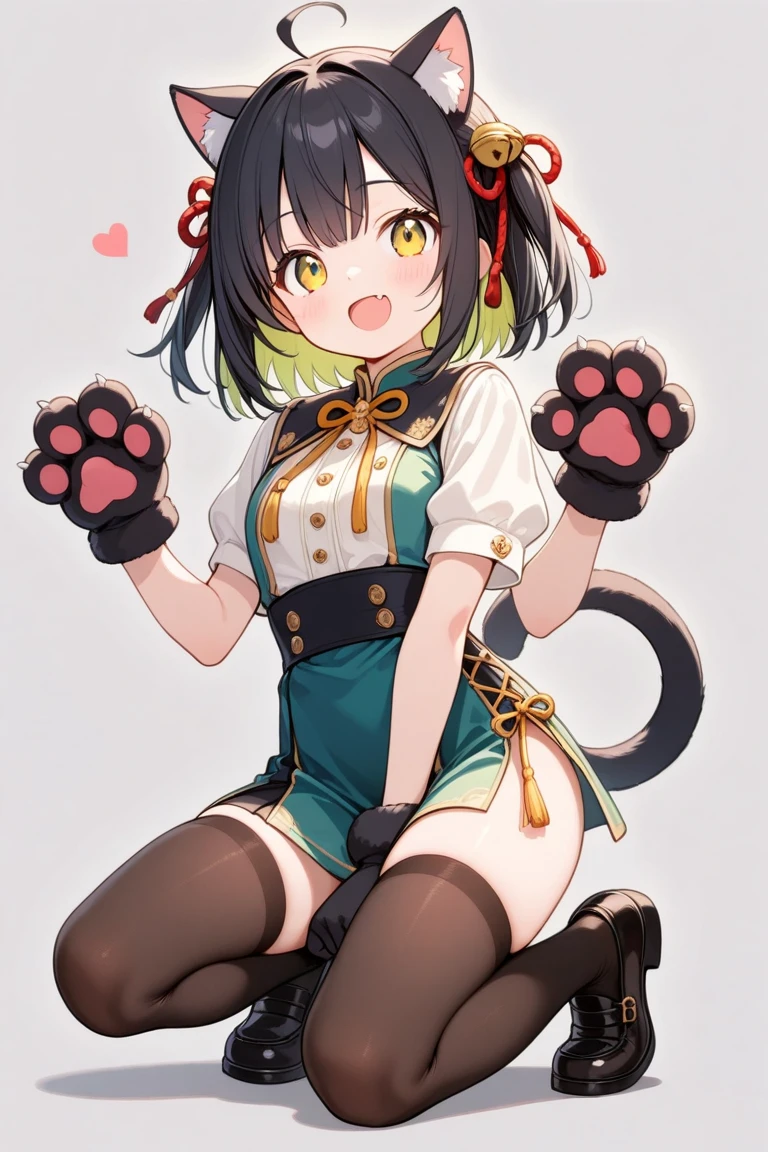 (((one girl))),(((chen))),(touhou), brown eyes, nekomata, short hair, medium hair, brown hair, cat ears, animal ear fluff, cat tail, two tails, green headwear, mob cap, red vest, white shirt, long sleeves, yellow bowtie, red skirt, skirt set, animal ear piercing,(((full body))),(((model posing))),(((white background))),(((Diagonal angle)))